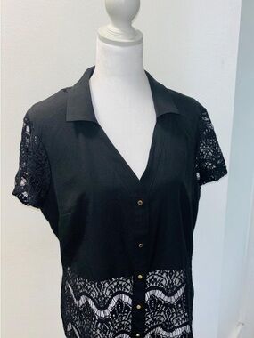 bebe Black Short-Sleeve Button-Front Top with Lace Panels